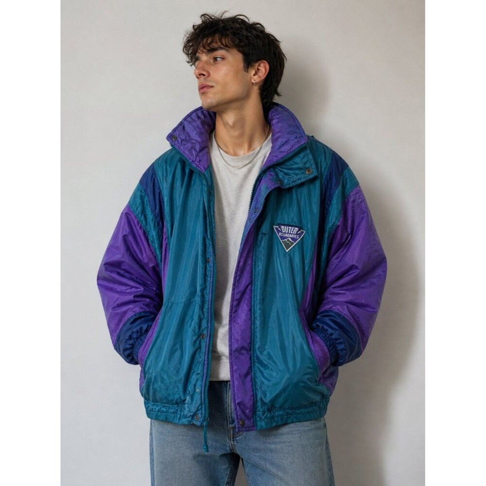 Vintage 80s 90s Ski Jacket XL Colorblock Outer Boundaries Teal Purple Retro